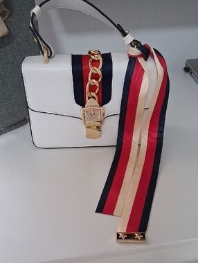 White Leatherette Shoulder Clutch with Gold Chain and Tricolor Ribbon